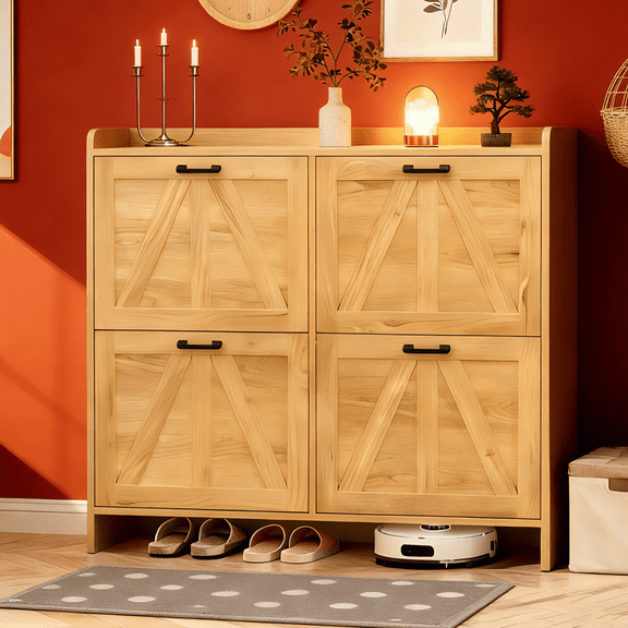 Rustic Barn-Door Shoe Cabinet with 4 Flip Drawers - Sleek Space-Saving Entryway Organizer for Living Room, Hallway, Mudroom, Narrow Spacesom