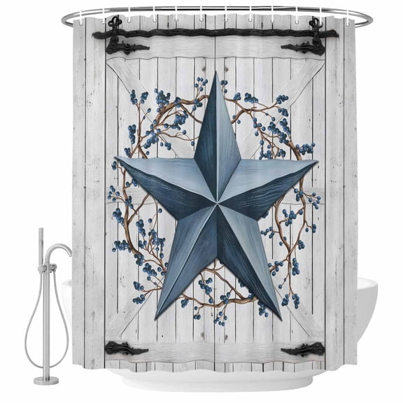 Rustic Barn Door Shower Curtain, 48" x 72", Vintage Grey Blue Star Berry Beige Wood Board Waterproof Bathroom Curtain Washable Shower Curtain Set with 12 Hooks