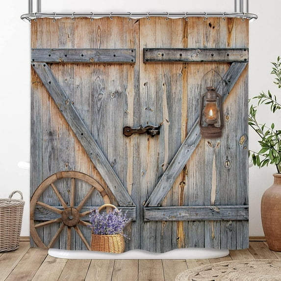Rustic Barn Door Shower Curtain 72Wx72H Inch Farmhouse Lavender Country Wooden Vintage Plank Western Farm Retro Old Gate Wood Wheel Bathroom Decor Fabric Polyester Waterproof 12 Pack Hooks