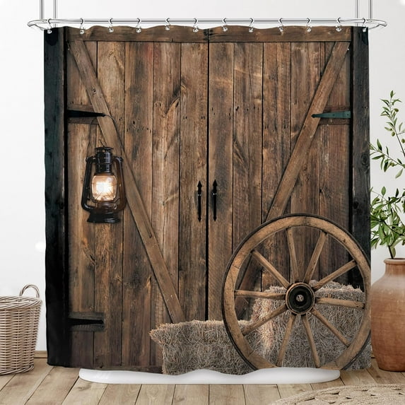 Rustic Barn Door Shower Curtain 72Wx72H Inch Farmhouse Western Oil Lamp Wheel Country Rural Vintage Brown Wood Plank Board Wild West Bathroom Decor Fabric Polyester Waterproof 12 Pack Hooks