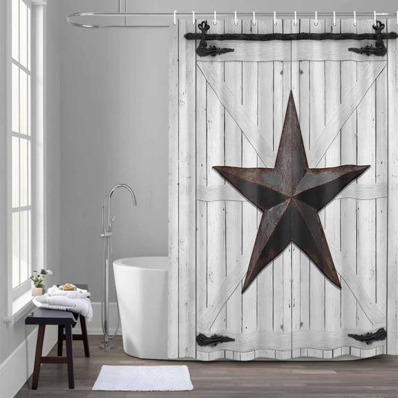 Rustic Barn Door Shower Curtain for Bathroom Decor, Vintage Rust Red Star Beige Wood Board Waterproof Fabric Shower Curtain, 36"x72" Set with 12 Hooks