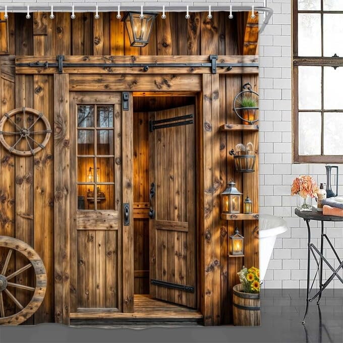 Picture of Rustic Barn Door Shower Curtain, Farmhouse Door Shower Curtain Brown ...