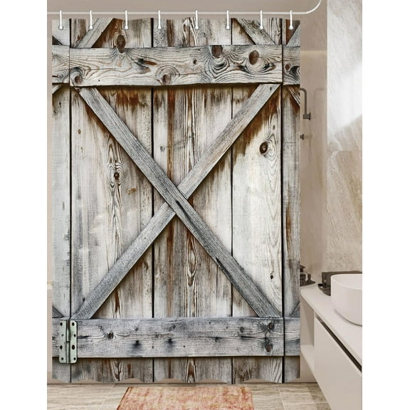 Rustic Barn Door Shower Curtain, Retro Rustic Wood Neutral Color for Travel Trailer Camping Stall Shower Curtain Set, Small Size Waterproof Fabric Shower Cutain, Hooks Include 47x64