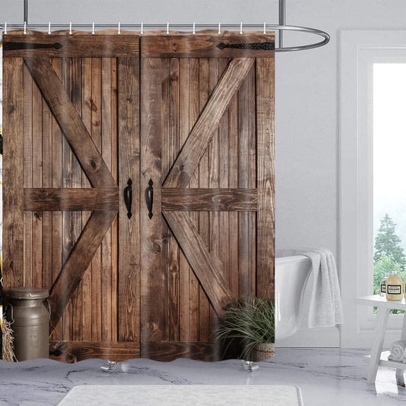 Rustic Barn Door Shower Curtain Set for Bathroom, Farmhouse Arts Bathroom Decor Curtains, Vintage Countryside Wood Board Waterproof Fabric Bath Curtains with Hooks 72x72 inch