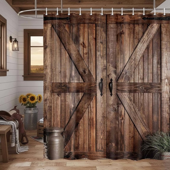 Rustic Barn Door Shower Curtain Set for Bathroom, Farmhouse Arts Bathroon Decor Curtains, Vintage Countryside Wood Board Waterproof Fabric Bath Curtains with Hooks 70x70inch