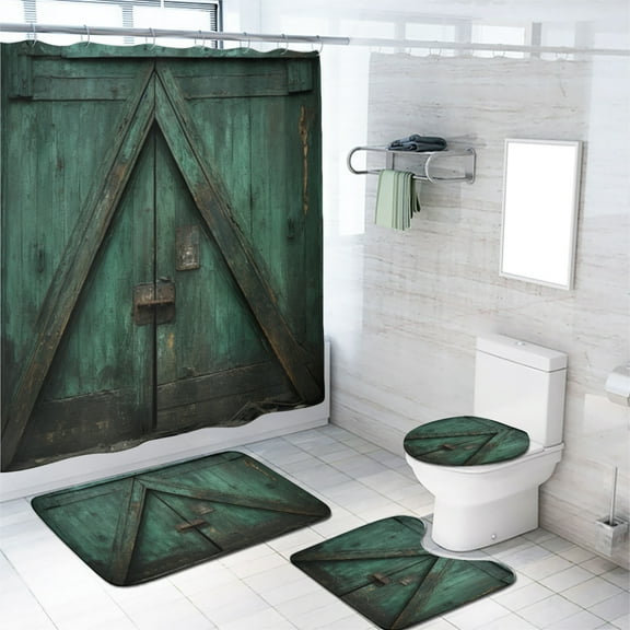 Rustic Barn Door Shower Curtain Set Green Old Wooden Farmhouse Door Bathroom Decor Set with Accessories, Waterproof Shower Curtain for Bathtub Decor, 72x72 Inch