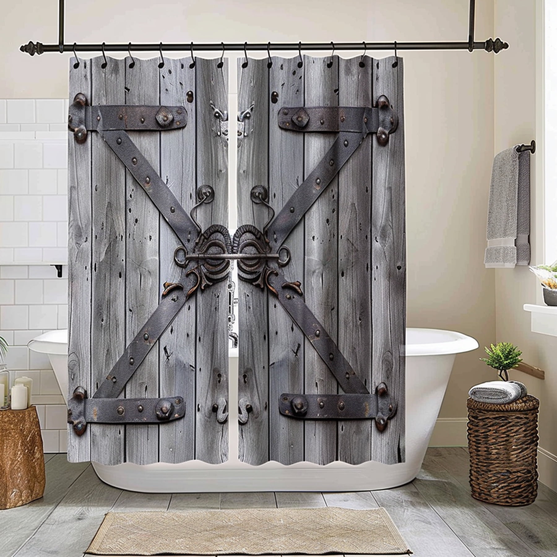 Rustic Barn Door Shower Curtain Set with Vintage Grey Wood Design