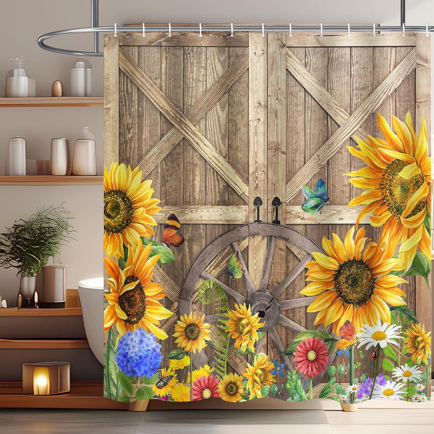Rustic Barn Door Shower Curtain, Sunflower Floral Vintage Western