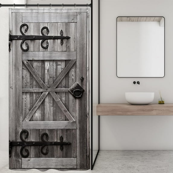 Rustic Barn Door Shower Curtain Vintage Farmhouse Wooden Plank Wood Board 36Wx72H Inch Retro Farm Western Cabin Garage Gate Grey Gray Fabric Decor Bathroom Polyester Waterproof 12 Pack Hooks