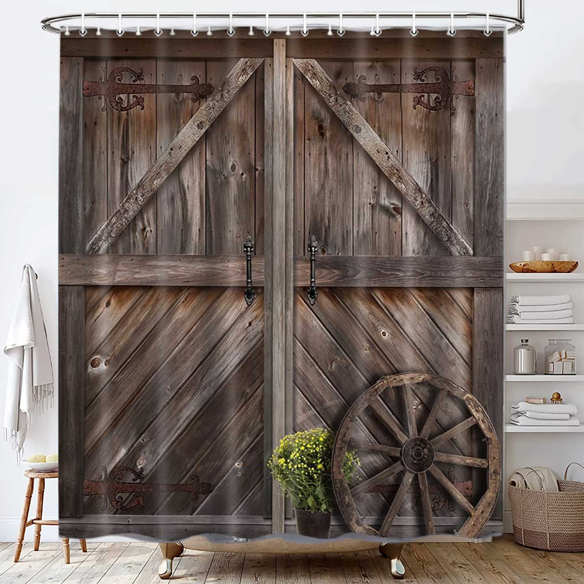 Rustic Barn Door Shower Curtain, Western Country Themed Bathroom Decor
