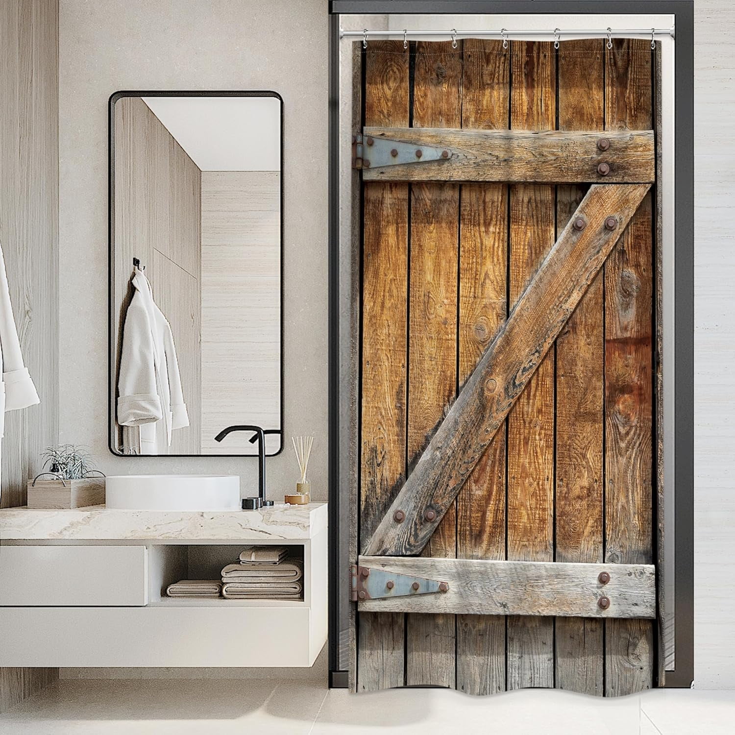 Rustic Barn Door Small Stall Shower Curtain Bathroom Set 36Wx71H Inches  Single Half RV Narrow Wood Board Plank Vintage Bath Accessories Cabin  Garage Gate Art Home Decor Fabric 7 Pack Hooks -, image size:1500x1500