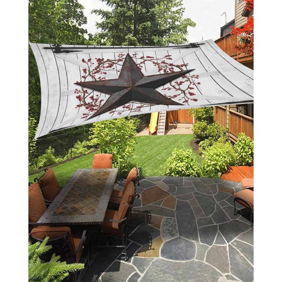 Rustic Barn Door Sun Shade Sail 14'X18' Vintage Rust Red Star Red Berry Beige Wood Board UV Block Outdoor Sail Shades Breathable Waterproof Rectangular Sunshade for Patio Garden Pool Pergola Porch