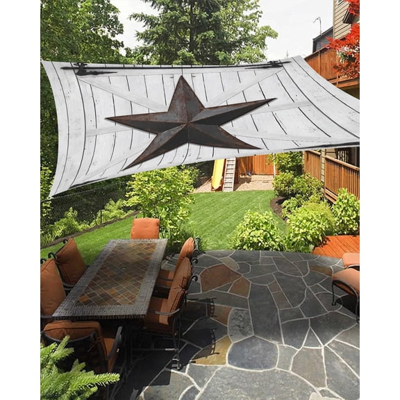 Rustic Barn Door Sun Shade Sail 8'X10' Vintage Rust Red Star Beige Wood Board UV Block Outdoor Sail Shades Breathable Waterproof Rectangular Sunshade for Patio Garden Pool Pergola Porch