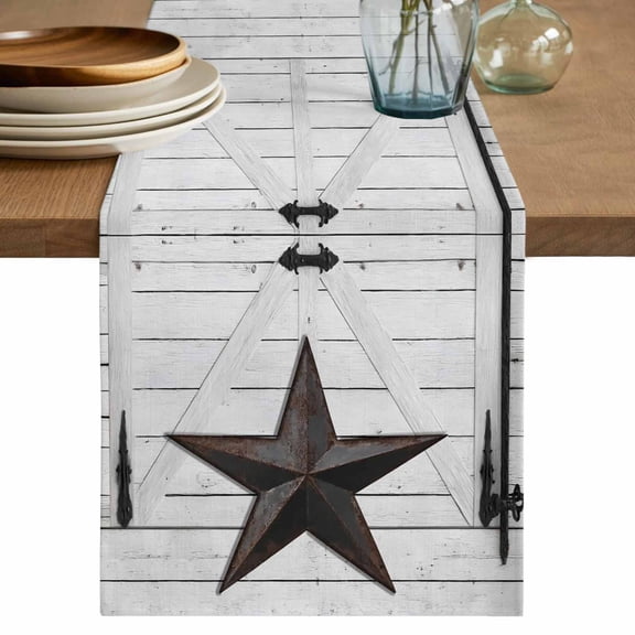 Rustic Barn Door Table Runner, Vintage Rust Red Star Beige Wood Board Cotton Linen Kitchen Table Decoration Washable Dining Tabletop Runners for Home Party Decor 13x48 Inches