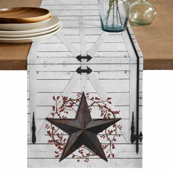 Rustic Barn Door Table Runner, Vintage Rust Red Star Red Berry Beige Wood Board Cotton Linen Kitchen Table Decoration Washable Dining Tabletop Runners for Home Party Decor 13x36 Inches