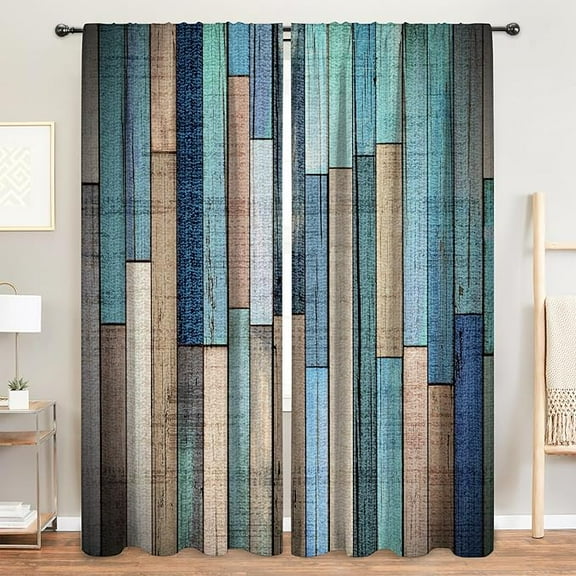 Rustic Barn Door Teal Curtains For Living Room Colorful Farmhouse Bedroom Decor Blue Brown Curtains Wooden Wood Cabin Country Bedroom Window Drapes 53"W x 84"L (Pack of 2)