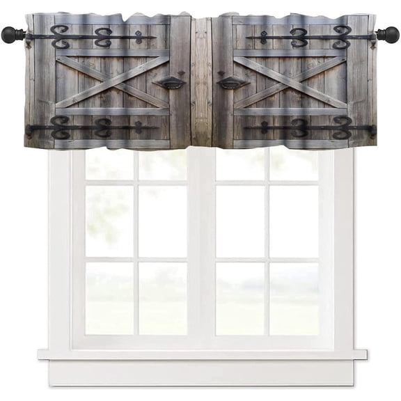 Rustic Barn Door Valance Curtain Vintage Farmhouse Country Wooden Cabin Western Lodge Rod Pocket Valance Window Treatments Short Curtains for Kitchen Living Room 54x18inch