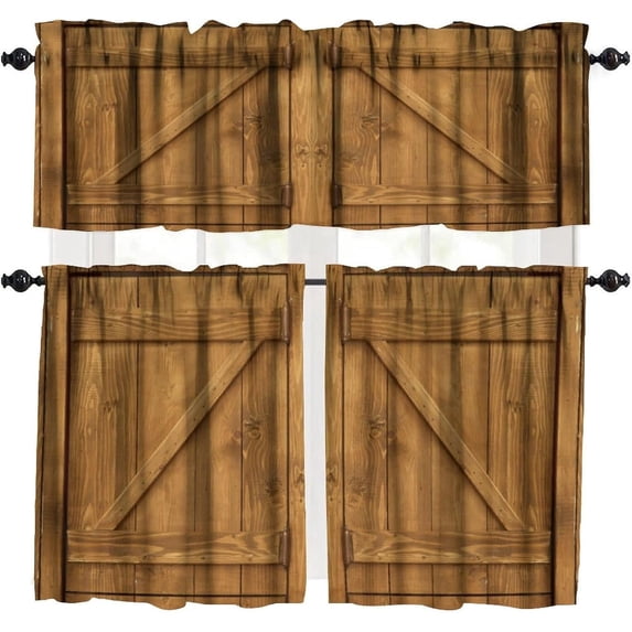 Rustic Barn Door Valance Curtain Vintage Farmhouse Garage Gate Wooden Door Rod Pocket Valance Window Treatments Short Curtains for Kitchen Living Room Decor 54x18 Inch + 27x36 Inch X 2
