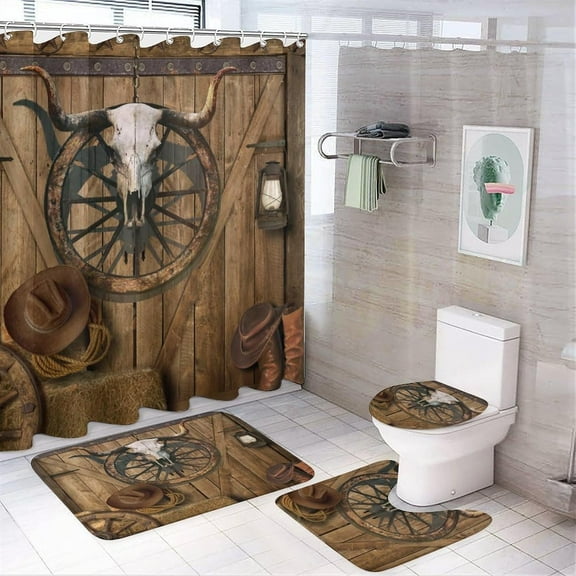 Rustic Barn Door Wheel 4 Piece Shower Curtain Sets,Vintage Farmhouse Wooden Board Western Floral Sunflower Butterflies Non-Slip Rugs,Toilet Lid Cover and Bath Mat,Durable and Waterproof,for Bathroom