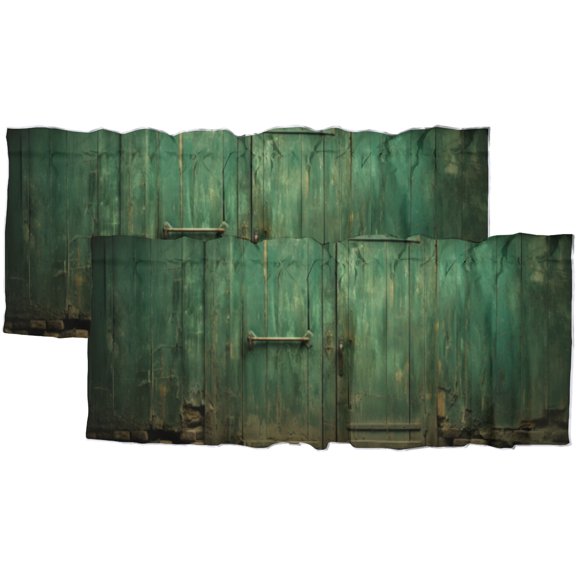 Rustic Barn Door Window Curtain Valances Green Old Wooden Farmhouse Door Rod Pocket Window Valance for Living Room Bathroom Bedroom Kitchen 54 by 18 in, 2 Panel
