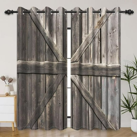Rustic Barn Door Window Curtains Farmhouse Grey Wooden Door Garage Door Blackout Window Treatment For Living Room Bedroom Rural Farm Style Room Darkening Window Drapes 26"W x 45"L (Pack of 2)