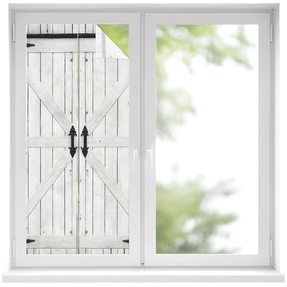 Rustic Barn Door Window Privacy Film 19.6x39.3in Vintage Farmhouse Door Beige Wood Board Decorative Window Film with Static Cling, UV Filtering Window Cling Privacy Film for Glass Doors and Windows