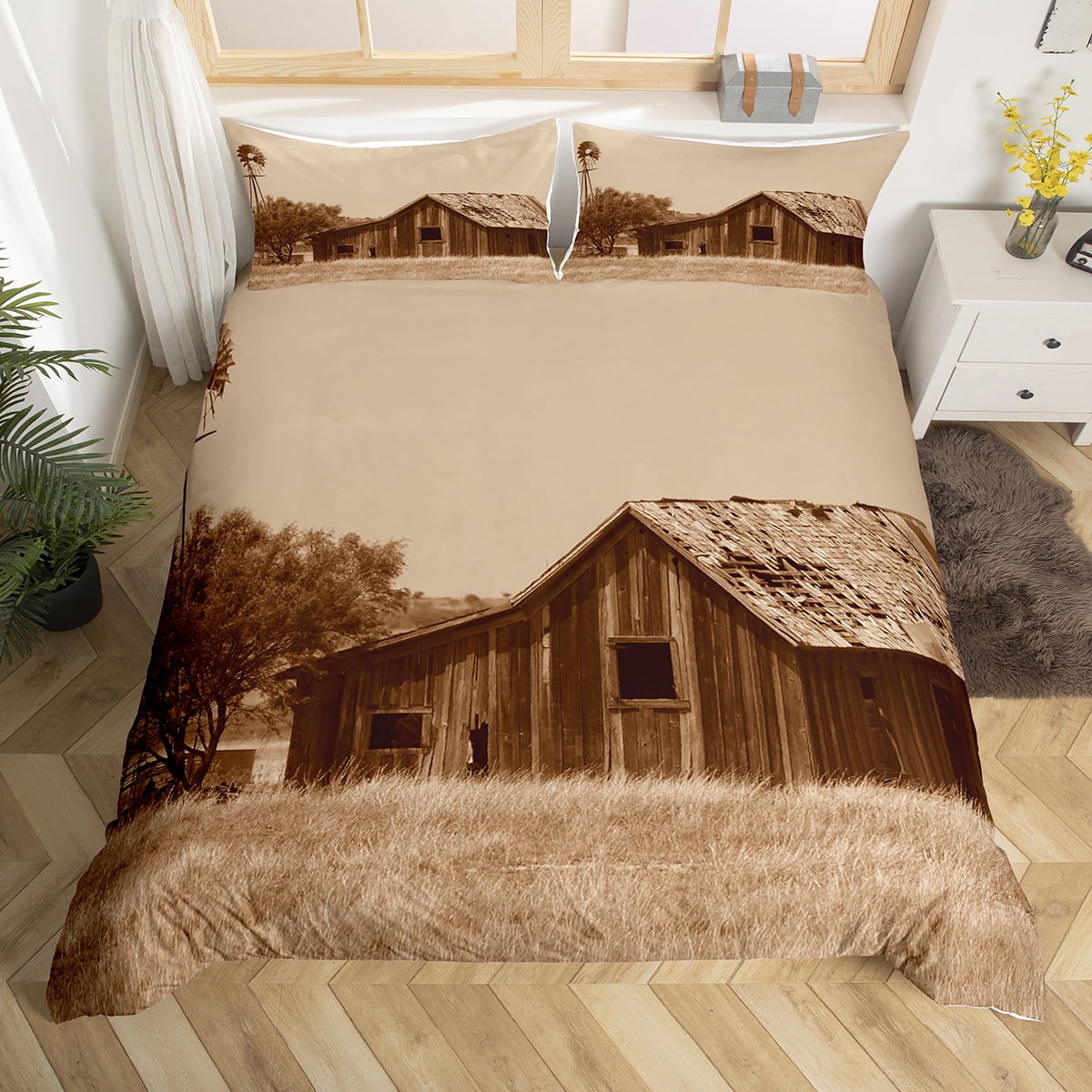 Rustic Barn Farmhouse Duvet Cover King Size,Retro Windmill Comforter Cover for Kids Adults ...