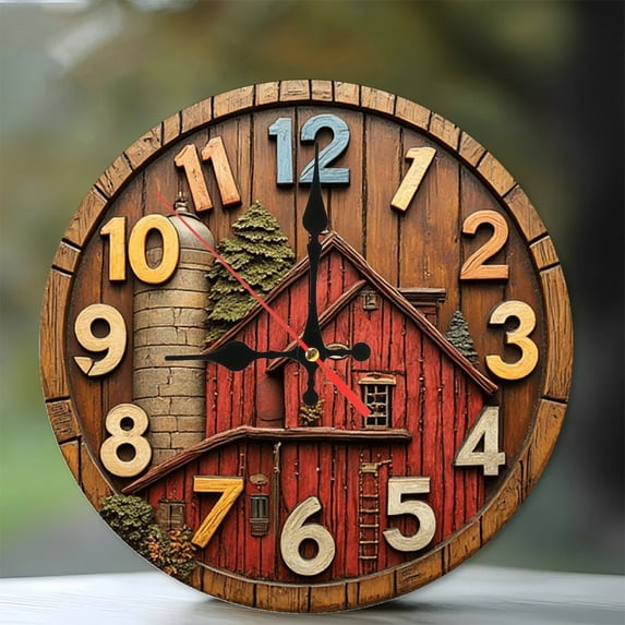 Rustic Barn House Wall Clock Farmhouse Decor 10-Inch Silent Wooden Wall Clock, Battery Operated (AA Batteries Not Included), Artistic Home Decor