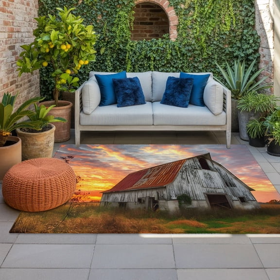 Rustic Barn Indoor Outdoor Rugs 4x6 Ft, Sunset Farmhouse Countryside Outdoor Patio Rugs Mat Washable Outside Area Rugs Carpet for Porch Deck RV Camping Pool Balcony Backyard