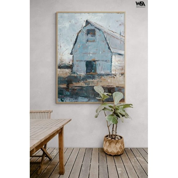 Rustic Barn Oil Painting Print, Framed Farm Landscape Print, Western Vibe Poster, Farmhouse Painting Print, Cowboy Wall Art, Framed Wall Art