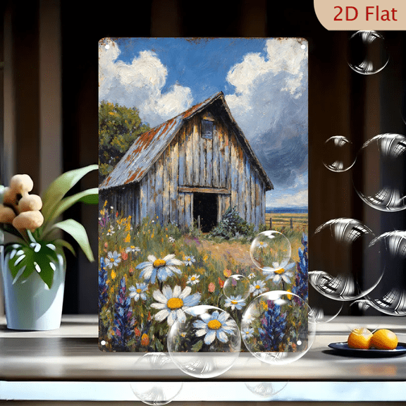 Rustic Barn Oil Painting Wall Art, 8x12 Inches Metal Tin Sign, Weathered Barn with Wildflowers and Stormy Sky, Vintage Farmhouse Decor for Home Office