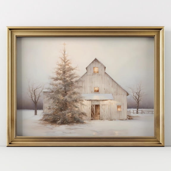 Rustic Barn Poster, Farmhouse Winter Scene Wall Art, Snowy Landscape With Tree Lights UNFRAMED Poster, Wall Art for Decor, Present, 8x12