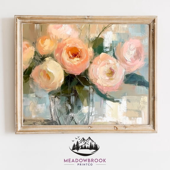 Rustic Barn Poster Wildflower Field Farmhouse Wall Art Soft Pink And Peach Ranunculus In Vase Spring Floral, UNFRAMED Size 24x24
