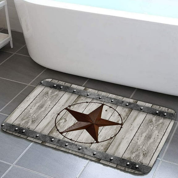 Rustic Barn Star Bathroom Rug, Non Slip Bath Mat with Design Retro Western Texas Star on Grey Wooden Grain Bathroom Accessories Shower Mat Kitchen Rug (17X29'')