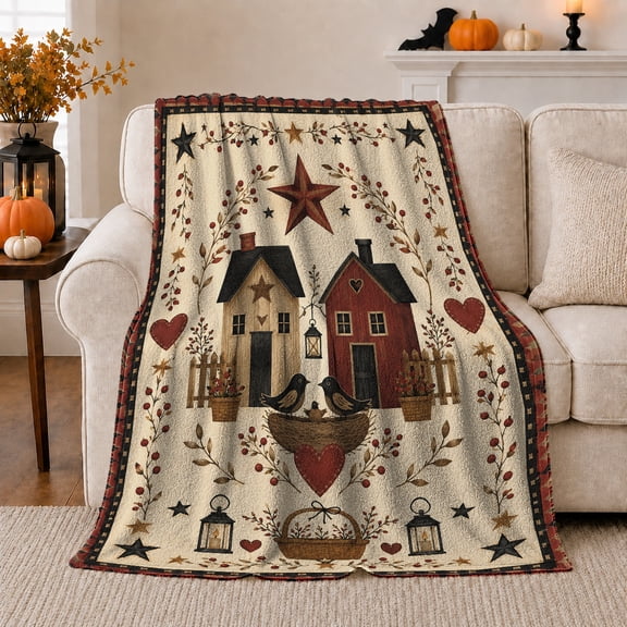 Rustic Barn Star Folk Art Scene Primitive Houses, Rustic Farmhouse Horse Scene, Warm Flannel Blanket for Ranch House and Living Room, Horse Lovers Housewarming Gift, Rustic Home Decor