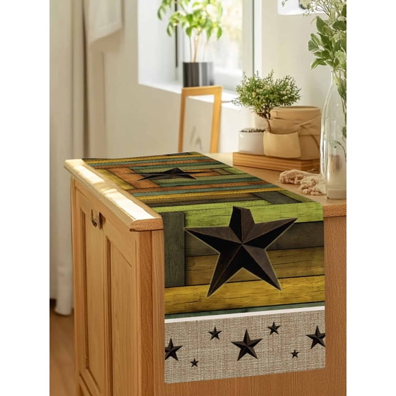 Rustic Barn Star Table Runner 36 Inches Long,Kitchen Dining Tablerunners Retro Farm Wood Planks Border Linen Table Runners Dresser Scarves for Home Dinner Wedding Holiday Party Decor