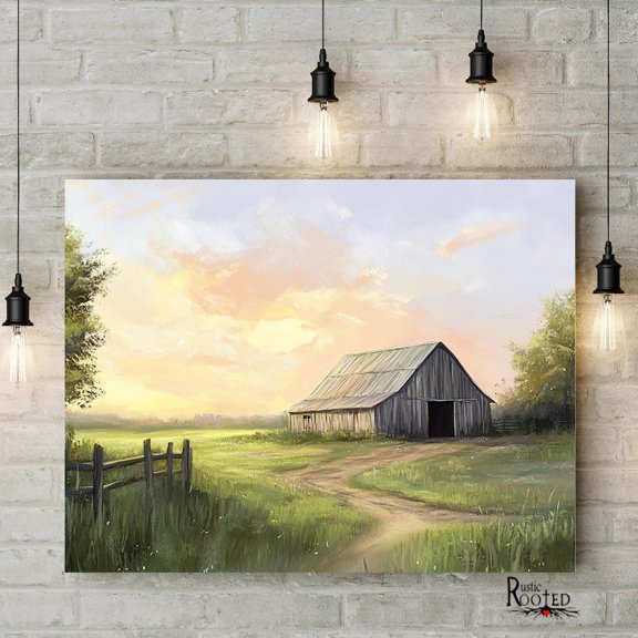 Rustic Barn Sunrise Farmhouse Landscape Wall Art Poster, Unframed Size 24x36