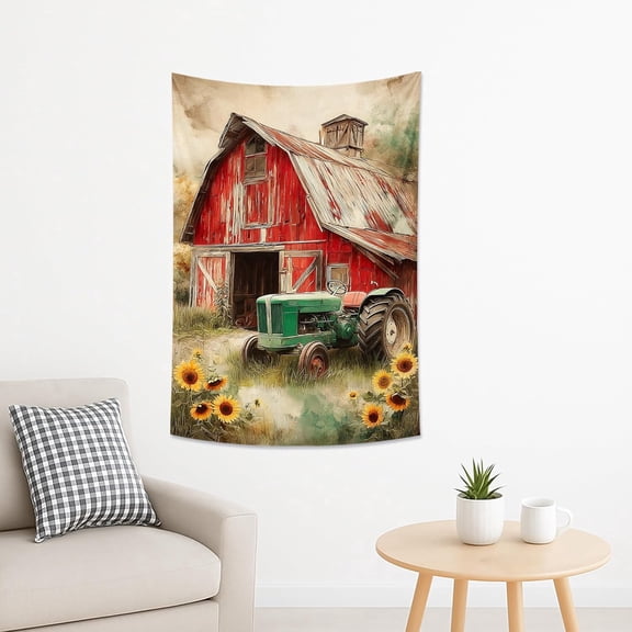 Rustic Barn Tractor Tapestry Wall Hanging with Sunflowers Farmhouse Autumn Decor for Living Room Bedroom Cozy Home 40x60 Inch