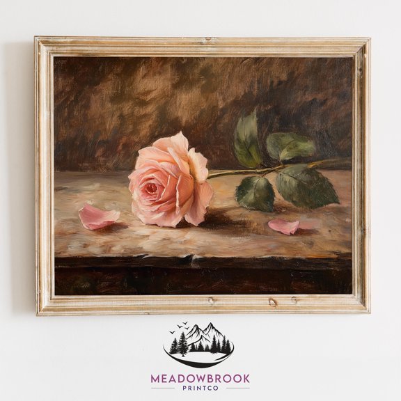 Rustic Barn Wall Art Winter Snowy Country Landscape Art Single Pink Rose Still Life Vintage Romantic Floral Art, UNFRAMED Size 16x16