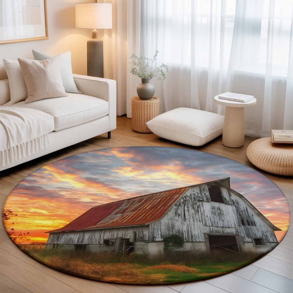 Rustic Barn Washable Round Area Rug 3 ft, Sunset Farmhouse Countryside, Soft Non Slip Rugs Stain Repellent Indoor Felt Carpet for Living Dining Room Bedroom Home Office