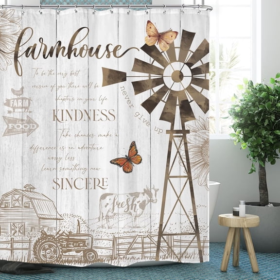 Rustic Barn Windmill Shower Curtain 72Wx72H Inch Farm Vintage Inspirational Quote Farmhouse Bathroom Set Country Western Wooden Plank Cow Retro with 12 Hooks Fabric Waterproof Accessories Decor