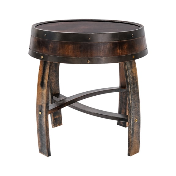 Rustic Barrel End Table, Oak Wood & Metal, Round Side Table with Solid Legs, 22.24"x24.02", Brown, Vintage Accent for Living Room, Bedroom, or Office, Assembly Required, 110 lbs Capacity