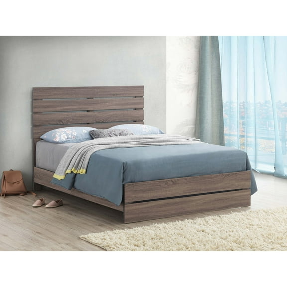 Rustic Barrel Oak Eastern King Panel Bed Frame with Slats | Vintage Charm & Natural Wood Grain | MDF & LVL Construction | 85.75"W x 78.75"D | Bedroom Furniture