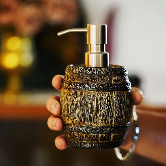 Rustic Barrel Shaped Soap Pump, 300ml Refillable Dispenser, Decorative Countertop Accessory for Kitchen & Bathroom