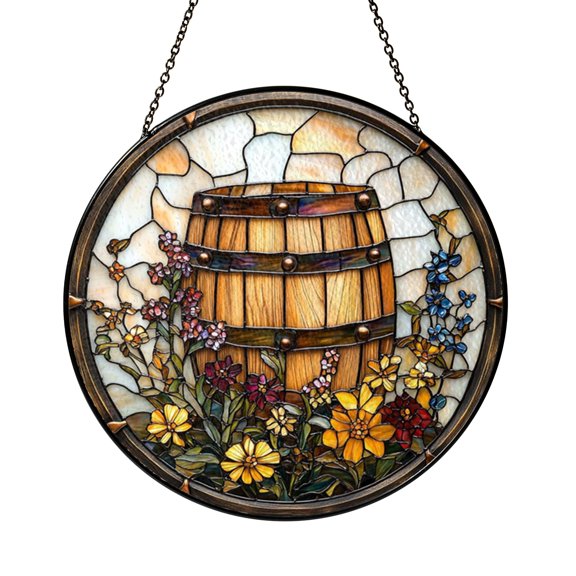 Rustic Barrel Stained Glass Window Suncatcher, Brewery Inspired Hanging Decor Accent