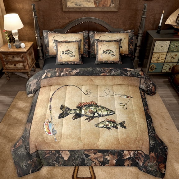 Rustic Bass Fish Full Comforter Set With Sheets 7 Piece Country Camo Fishing Bedding Set Woodland Camouflage Lake Fish Bed In A Bag Teen Men Retro Farmhouse Cabin Bed Set