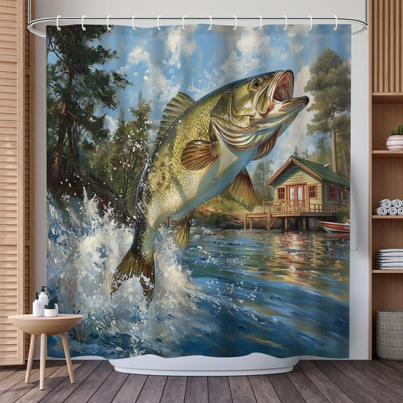 Rustic Bass Fishing Shower Curtain Fish Jumping Lake Scene Design Fabric Bathroom Decoration with Hooks for Lake Cabins, Fishing-Themed Bathrooms Outdoor Lovers-36"W x 72"L (Pack of 1)