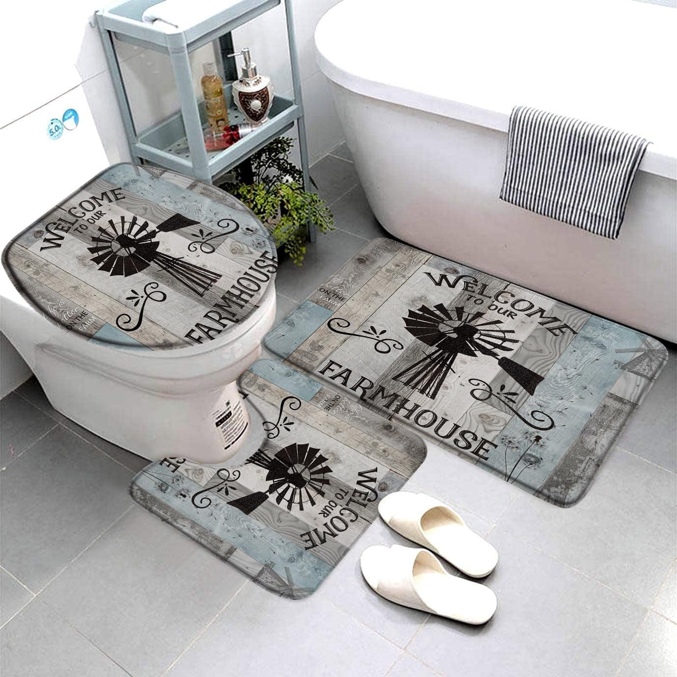 Rustic Bath Mat 3 Piece Set Bathroom Rugs Blue Farmhouse Windmill Barn ...
