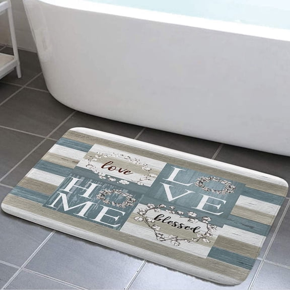 Rustic Bath Mat, Cotton Flower Vintage Wooden Board Old Barn Farmhouse Retro Western Country Farm Bathroom Bedroom Kitchen Toilet Floor Decor Rug, White Brown Grey Bathroom Rug, 17X29 Inches