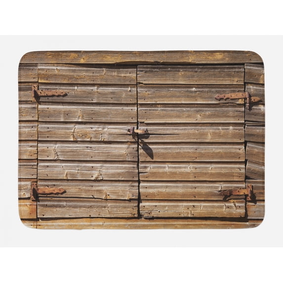 Rustic Bath Mat, Old Wooden Aged Barn Door with Padlock Abandoned Vintage Farmhouse Rural Village Photo, Non-Slip Plush Mat Bathroom Kitchen Laundry Room Decor, 29.5 X 17.5 Inches, Brown, Ambesonne